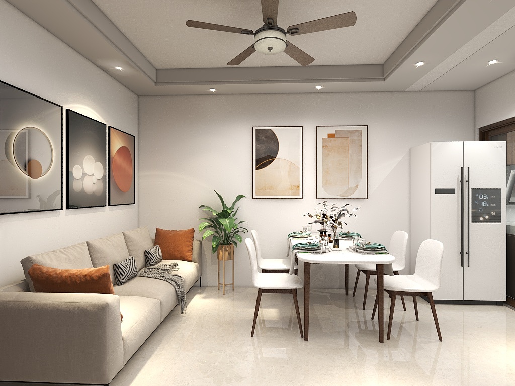 客餐一体化设计，暖色沙发在灯光的映衬下为空间增添温度，白色餐桌椅提亮色感。