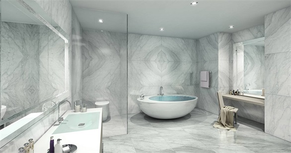 饶富现代感的卫浴空间，以多元材质铺陈，白色大理石背景墙优雅大气。