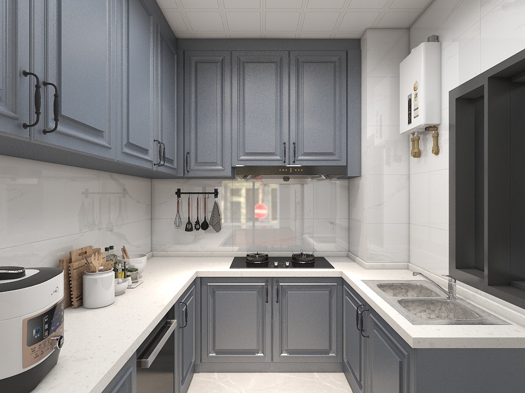 蓝紫色橱柜、吊柜，搭配白色工作台，厨房雅致不媚俗，精致而富有情调。