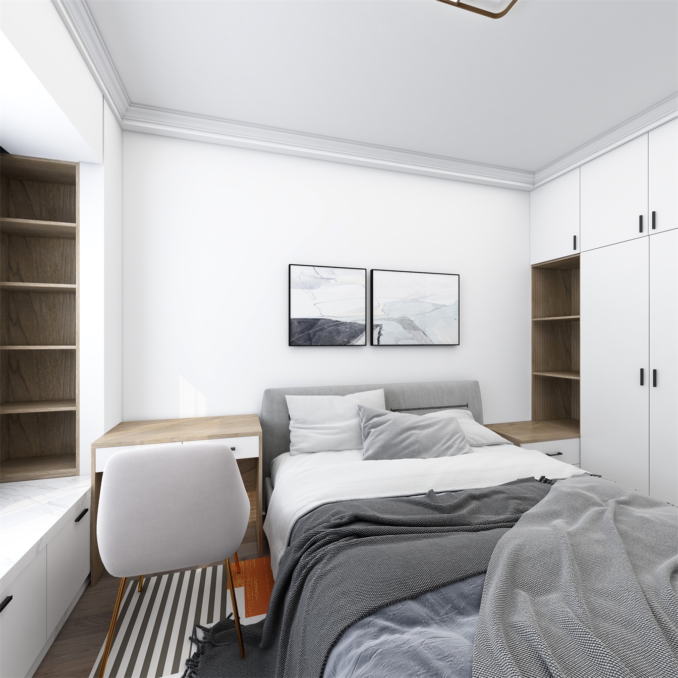 侧卧以白色作为背景，融入灰色绒质床头，衣柜、床头柜定制化打造，空间氛围十分平静。