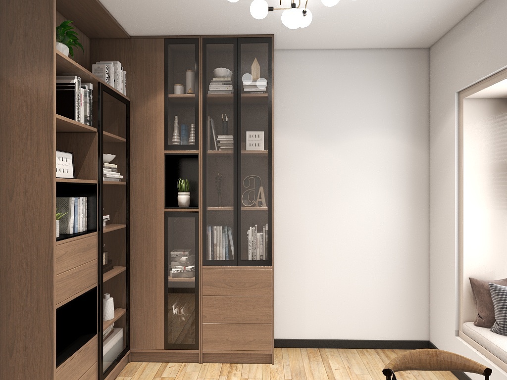 书房空间摒弃了复杂的装饰，书柜采用木质材料打造，彰显出理性与冷静的空间氛围。