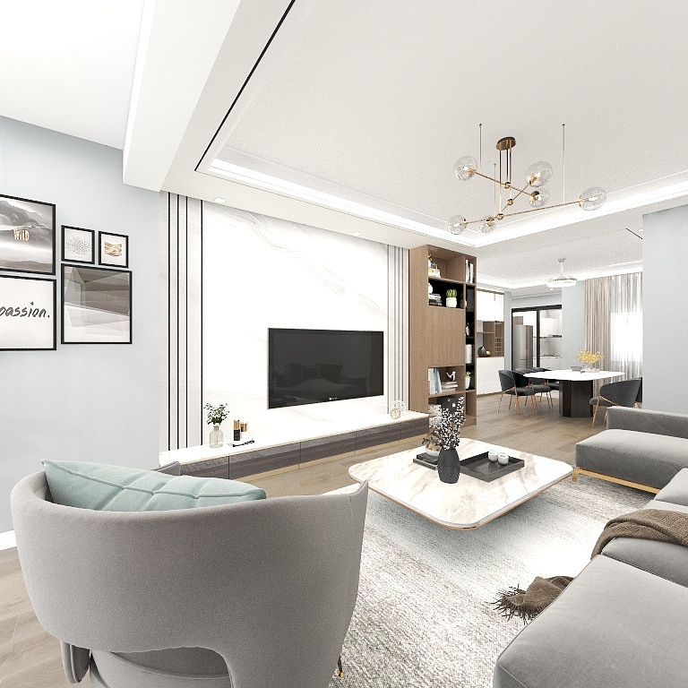 整个客厅使用白灰色系，给予了空间理性简约的基调，浅灰色地毯提升了空间的整体质感。