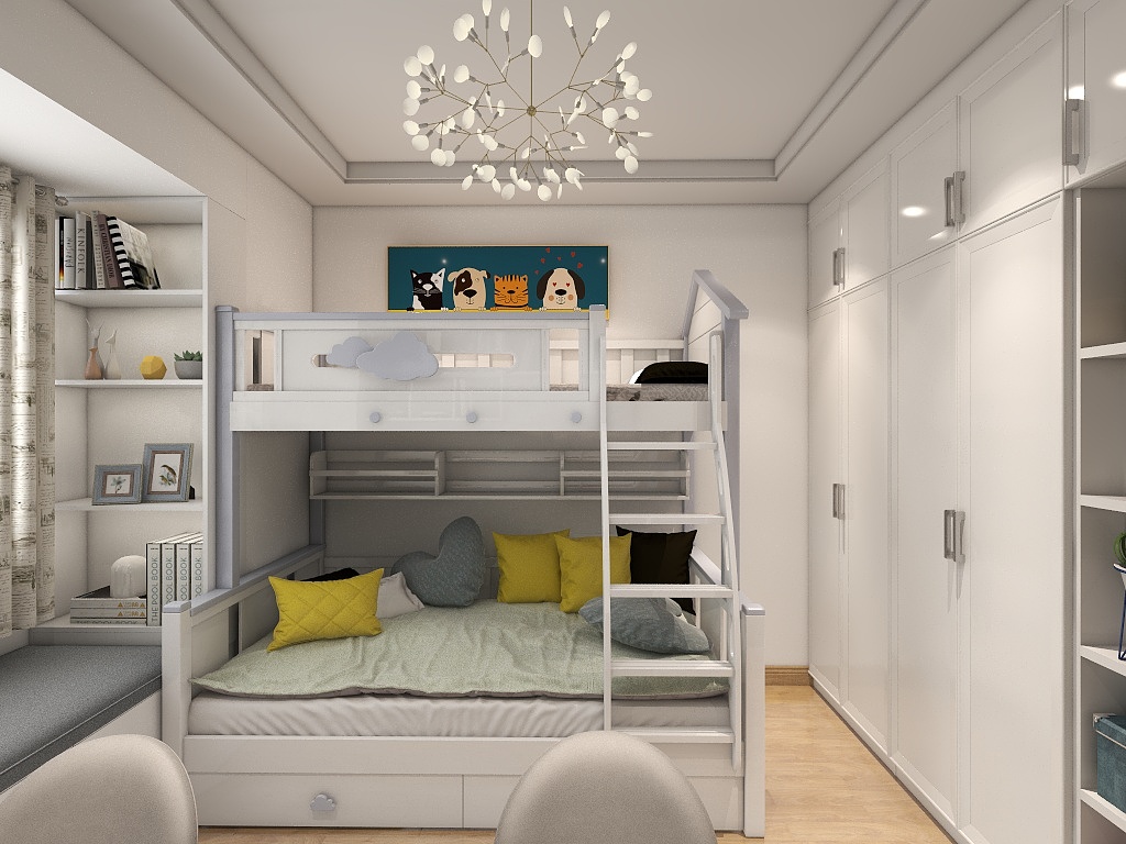 儿童房色彩温和，高低床节省室内空间，一整面的衣柜收纳能力一流。