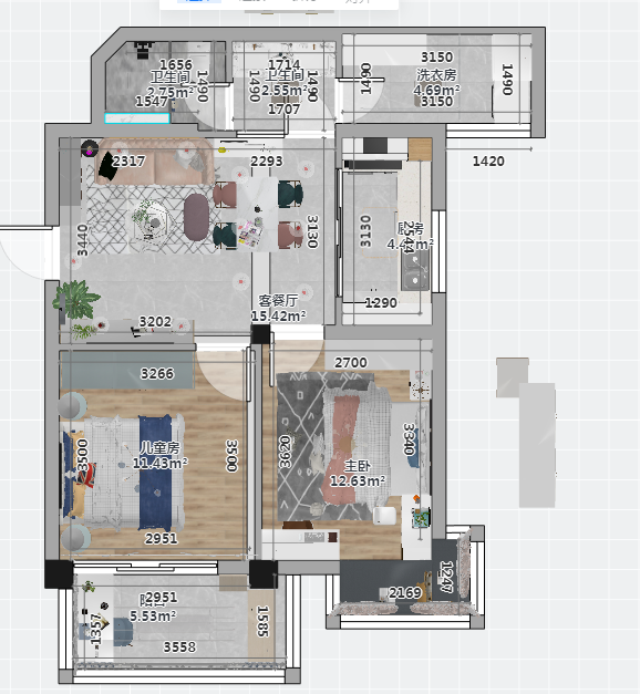 户型总体方正整齐，使用率高，客厅与餐厅相连，卧室阳台面积较大，使用率高。