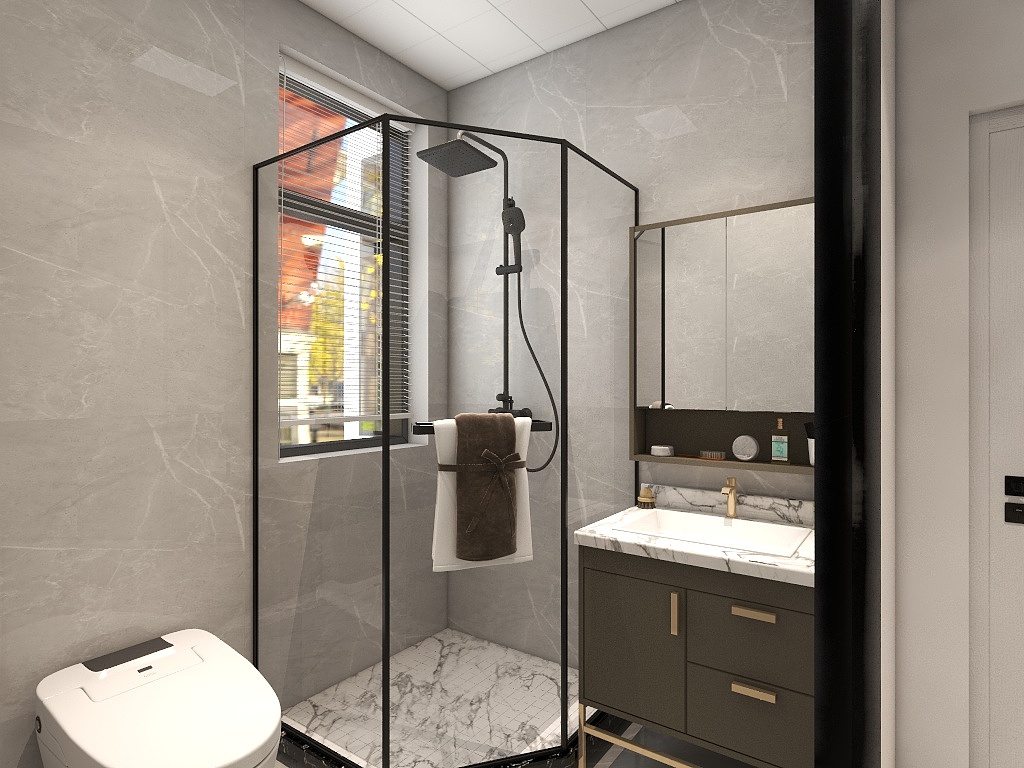 卫浴空间以米色为主基调，局部使用玻璃进行干湿分离，简单中不失优雅的格调。