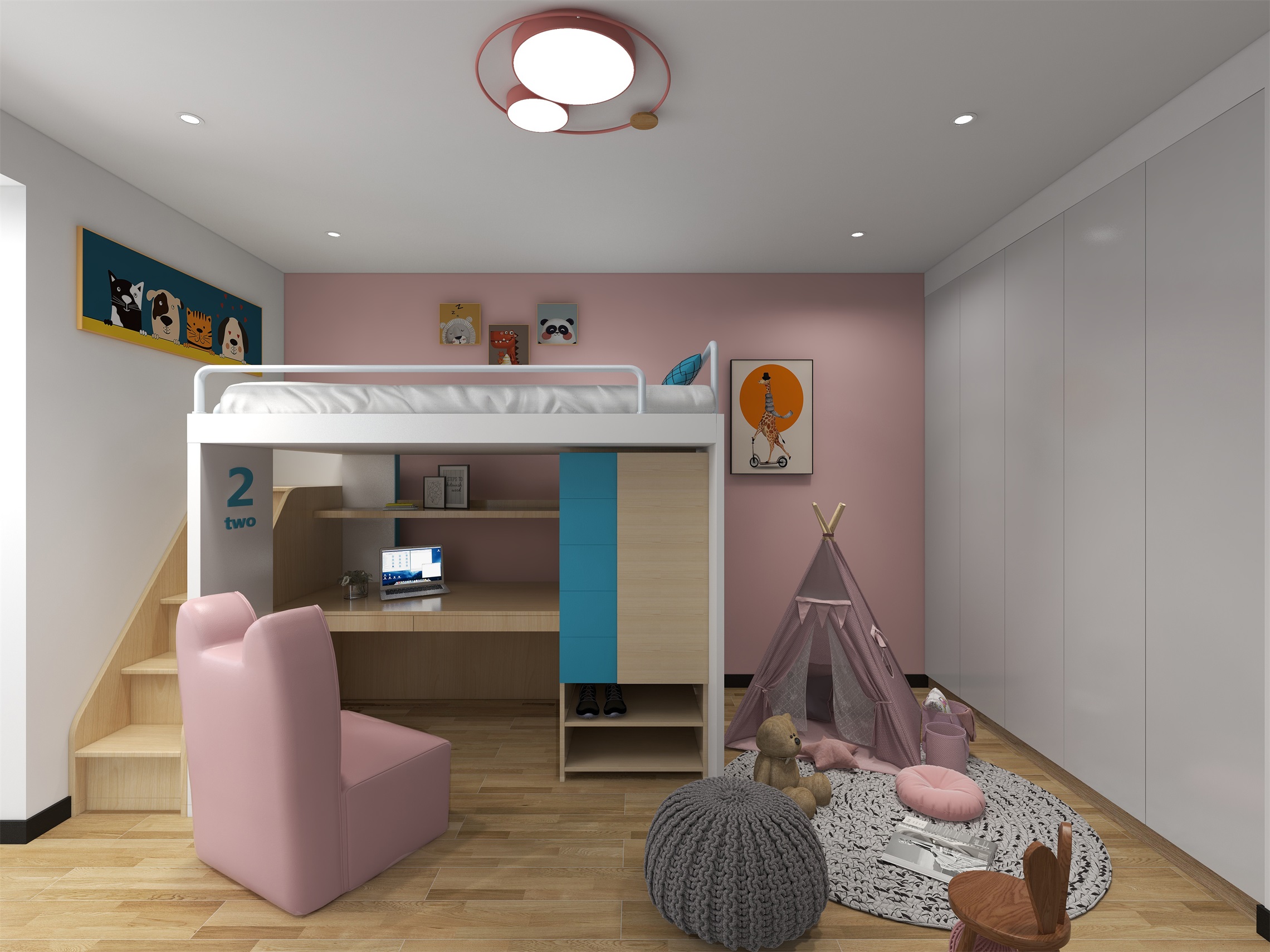 儿童房床头墙采用粉色设计，顶墙衣柜让空间显得更加大气，加之玩具点缀，童趣感浓郁。