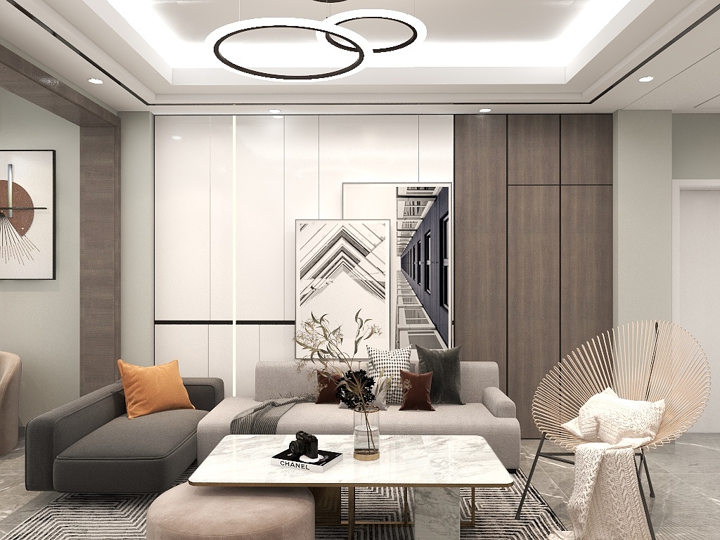 客厅时尚精致，背景墙线条感强烈，布艺沙发+大理石茶几的搭配手法，符合现代风格设计理念。