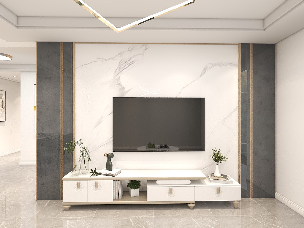 沙发为整个空间营造出简约的现代感，背景墙简约大方，电视采用挂墙式设计。