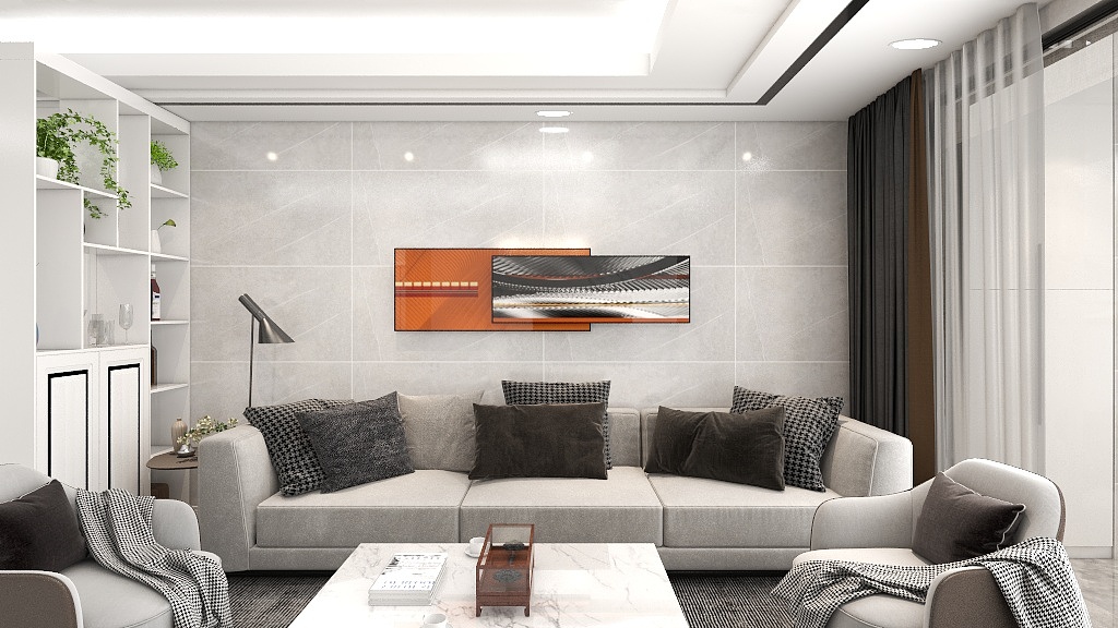 客厅无主灯设计，浅灰色墙面背景色、现代简约的沙发设计，空间表现出时尚的氛围。
