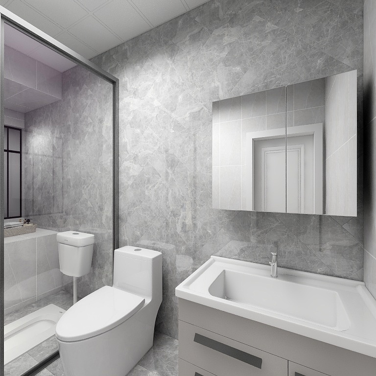 灰色和白色相互搭配的卫生间，显得素雅而明亮，中部使用了干湿分离设计。