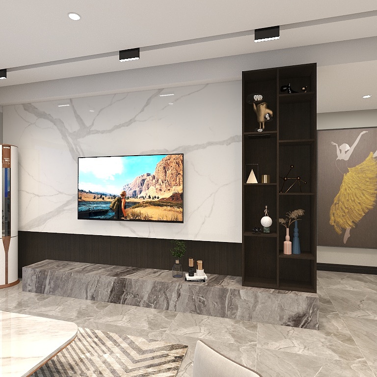 白色大理石搭配木质收纳柜打造的电视背景墙，让客厅空间显得更加自然和清新。