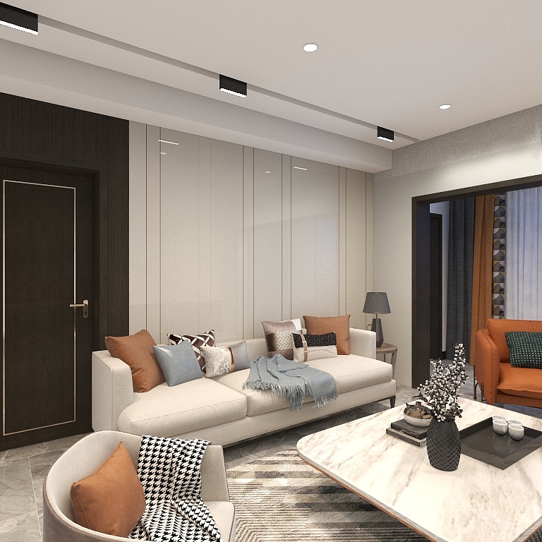 客厅背景墙以浅灰色为主，搭配温馨的大理石地板和舒适的现代风软装，整个空间看起来轻松而又舒适。