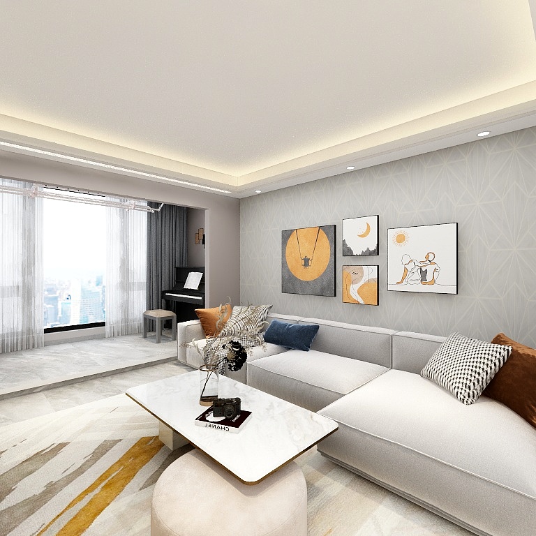 客厅以浅灰色为空间主色调，家具的设计上融入棕色橘色元素，彰显出美式空间的浪漫色彩。