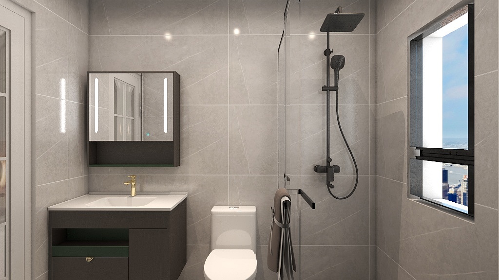 卫浴空间以米色为基调，局部采用玻璃进行干湿分离，层次感分明。