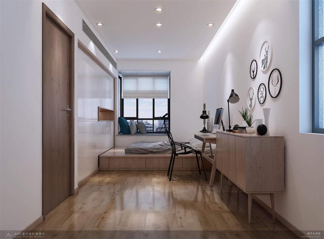 为增加空间收纳，设计师在地台床底部增置了收纳柜，木质元素为空间注入一股时尚的气息。