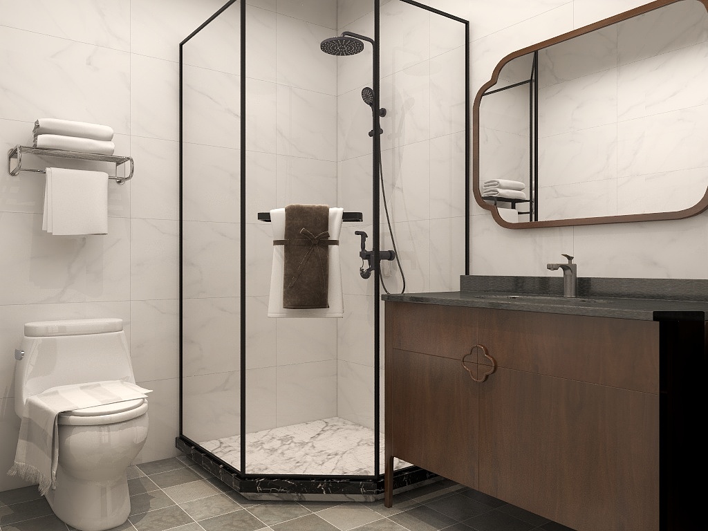 中式卫浴间简约精致，淋浴房直线勾勒严谨有序，空间中式氛围丰富而含蓄。