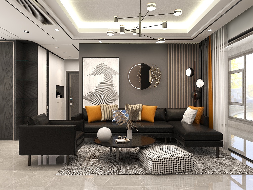 黑色皮质沙发与咖色背景墙相呼应，让整个空间显得丰富又简单，橘色抱枕提亮了空间配色。