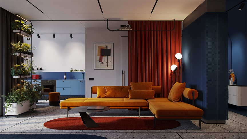 客厅配色尽显温柔与大方，橘色与蓝色碰撞，折射出北欧风格的时代感。