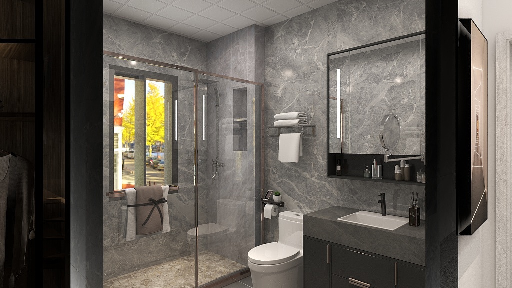 洗手间使用了灰色调，用当下流行的时尚元素来体现空间的质感设计。