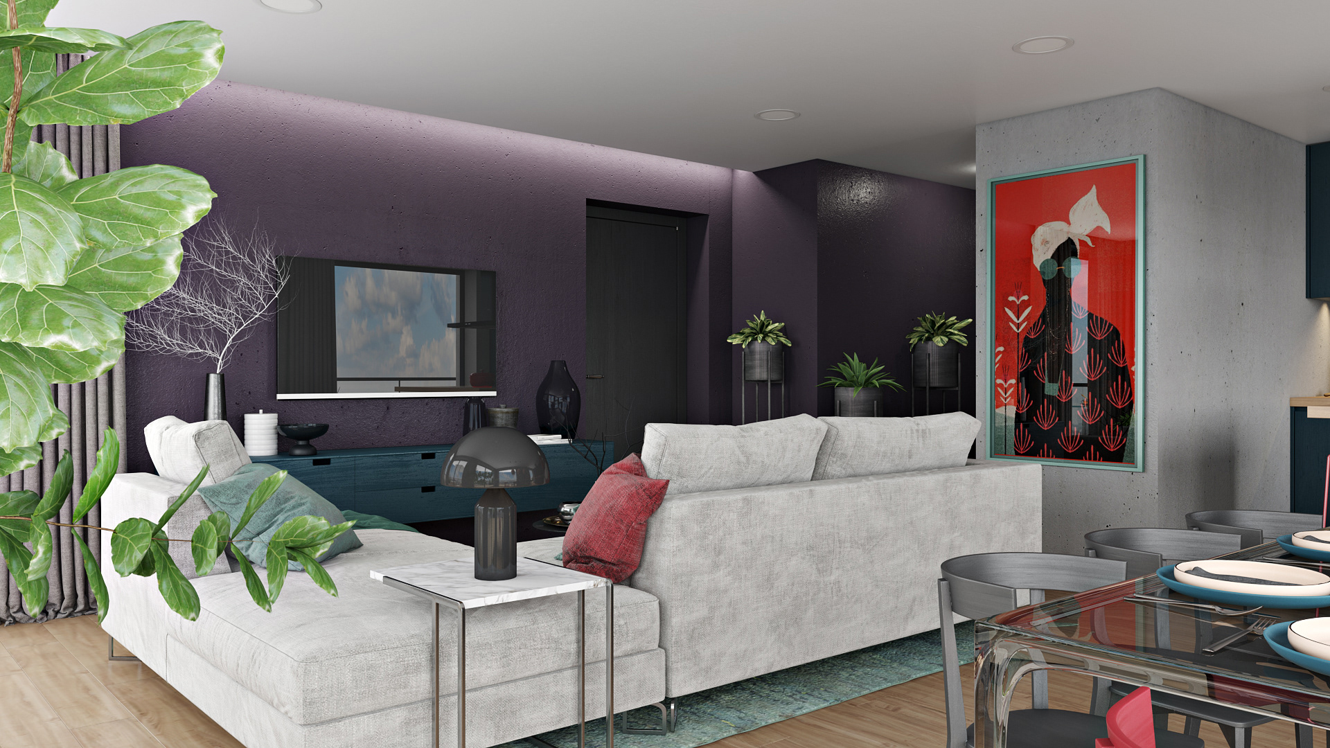 紫色电视墙略带平衡与微妙的高级感，配以蓝色地柜，尽显安静而不张扬。