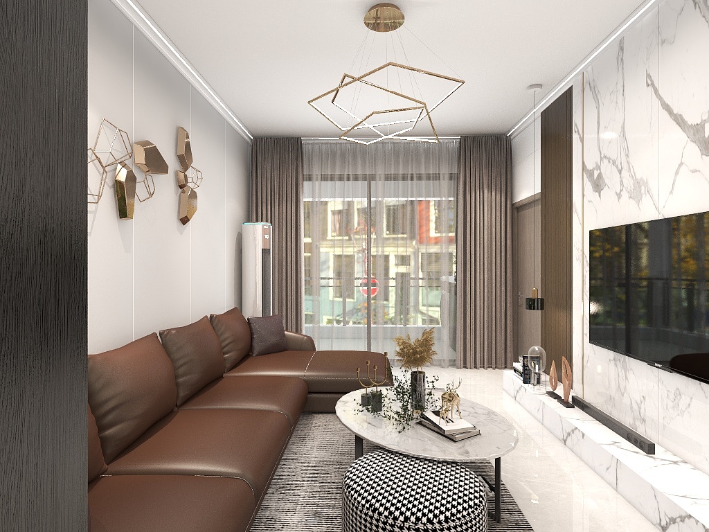 客厅布局紧凑，白色背景墙让空间简洁显高，皮质沙发有视觉延伸的效果。