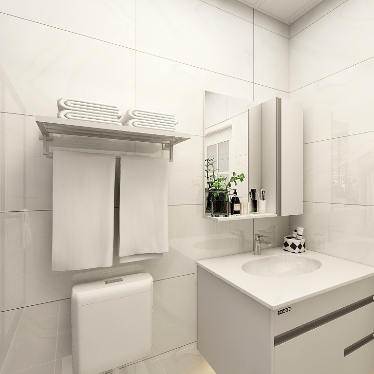 卫浴空间以白色为主基调，洗手池与洁具配色相融合，营造出悠然自得的卫浴环境。