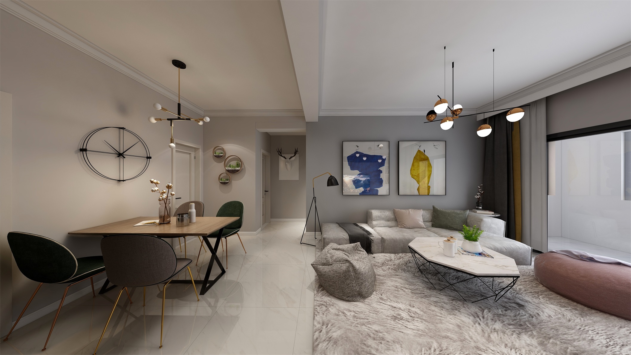 客厅以灰色为背景，白色布艺沙发，配色呈现出北欧风格的设计调性，简洁温馨。