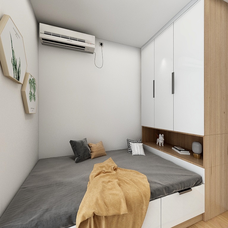 侧卧选用榻榻米、衣柜一体化设计，灰色床品搭配白色收纳柜，整个空间现代而舒适。