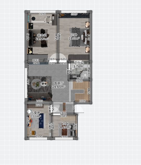 户型方正，格局简约，客厅与餐厅相连，增加客厅使用面积，空间感很好。