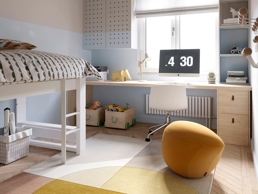 儿童房床品选用低饱和度的色调搭配，散发出轻柔舒缓的气息，温馨感十足。