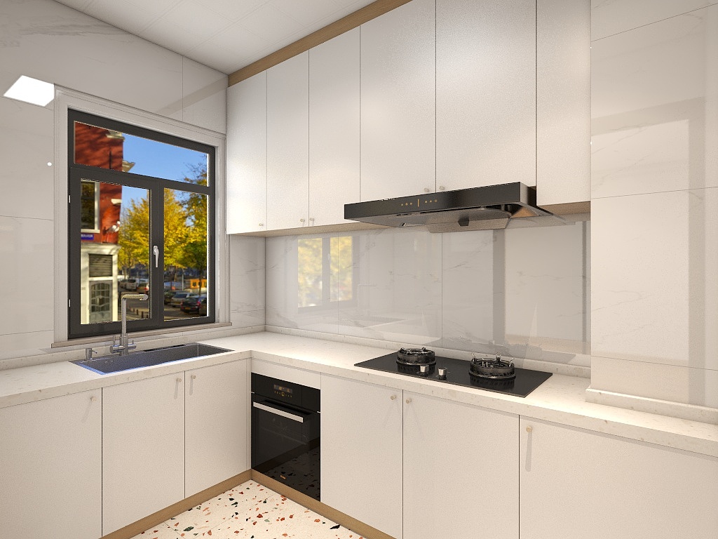 厨房大面积使用白色橱柜，形成空间的和谐统一，体现了日式空间的收纳美学。
