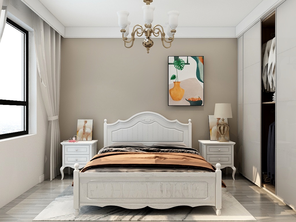 卧室中现代化氛围依旧浓厚，壁灯设计美观实用，到顶的衣橱包罗万象。