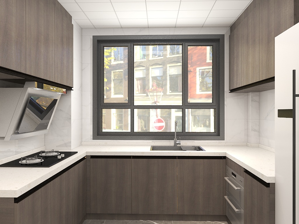 U型厨房设计，保持了空间的通透与宽敞，木质橱柜搭配白色工作台，室内大气十足。