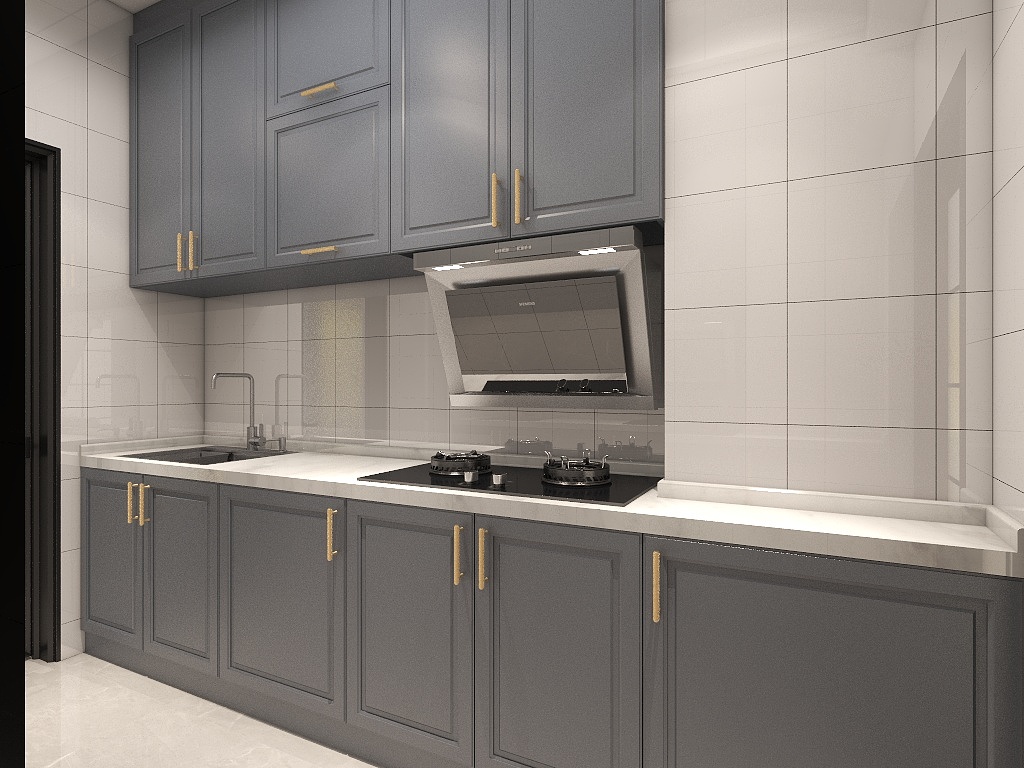 一字型厨房设计动线紧凑，蓝色橱柜搭配金色把手，兼具美感及生活功能。