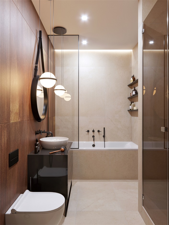 卫生间设计简约，米色基调下呈现出安静的视觉观感，干湿分离后，空间更易于打扫。