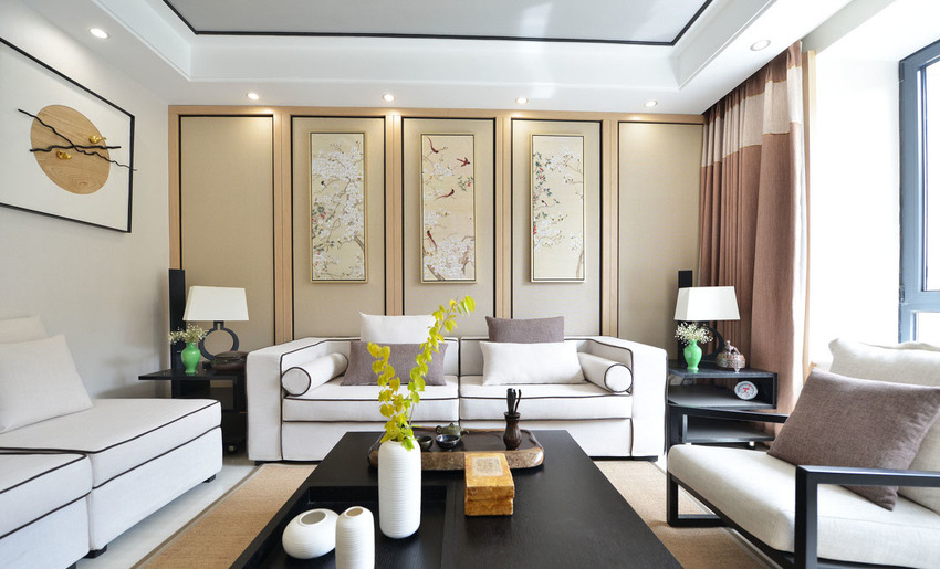 客厅设计既传承了中国古文化的精华，又体现了现代生活的简约时尚。