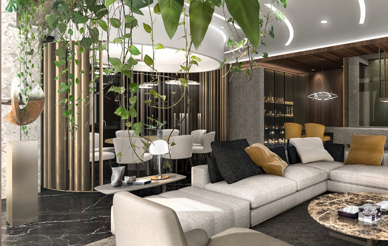 客厅空间私密性较好，白色餐椅与木色金属元素相结合，整体空间大气端庄。