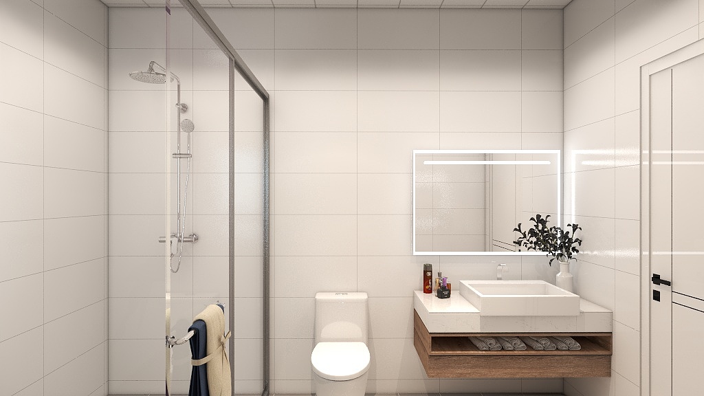 卫生间以白色为主，白色墙砖和原木色搭配起来很舒服，空间颜值较高。