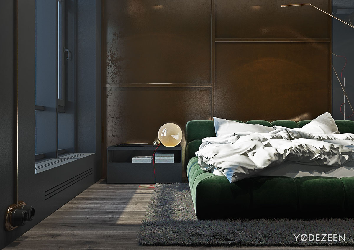 次卧的设计简洁而具有质感，橘色背景与绿色床体碰撞，营造出质朴温馨的氛围。