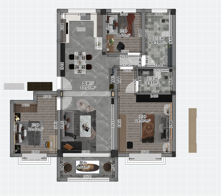 本案为82.51平米现代风三居室，室内使用现代系列的家具产品，自带高级质感，让简约的空间彰显出较好的