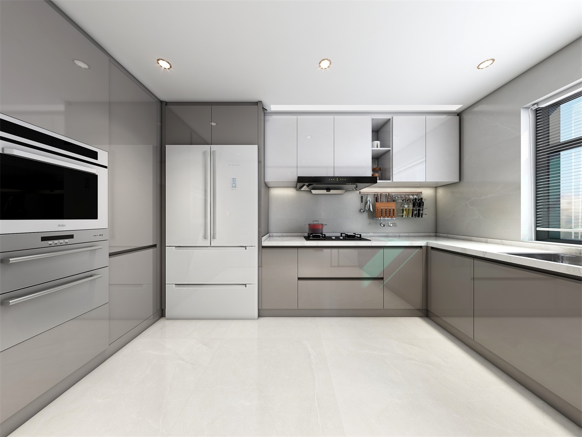 厨房空间宽敞，厨房造型相互映衬，营造出时尚愉悦的视觉感空间。
