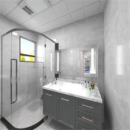 卫生间融入了灰色背景墙面，搭配精致洗手台设计，空间氛围贴近美式主义。