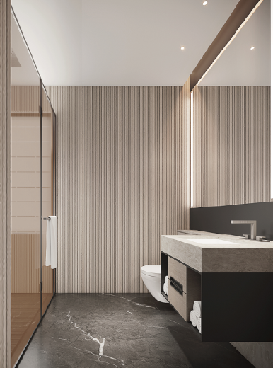 卫浴空间整体简洁明净，中式素雅氛围十足，完美将东方哲学与当代人审美完美融合。