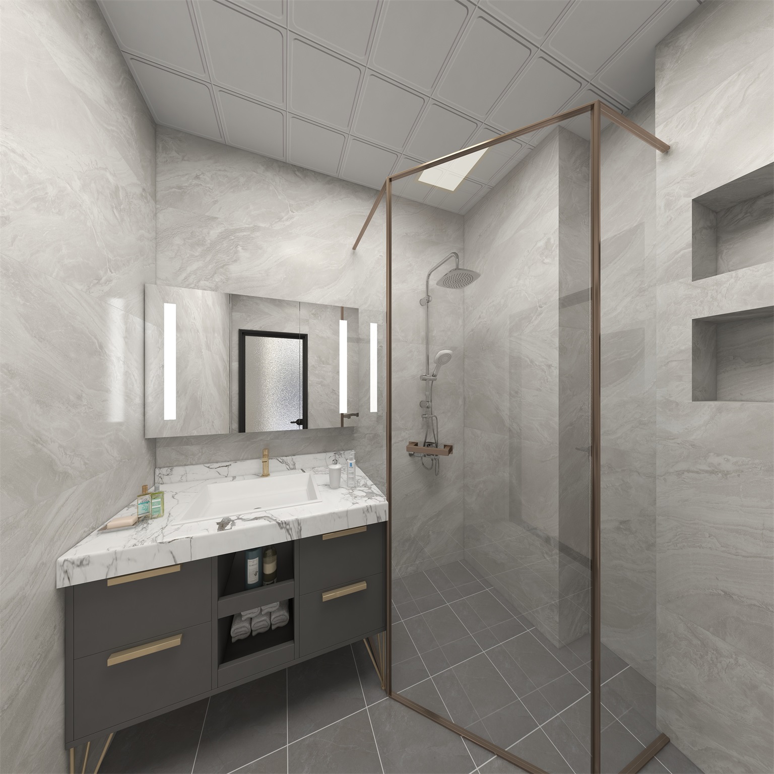 卫浴空间以灰色为主调，墙面与地面过度自然，有起有伏，极富生命力。