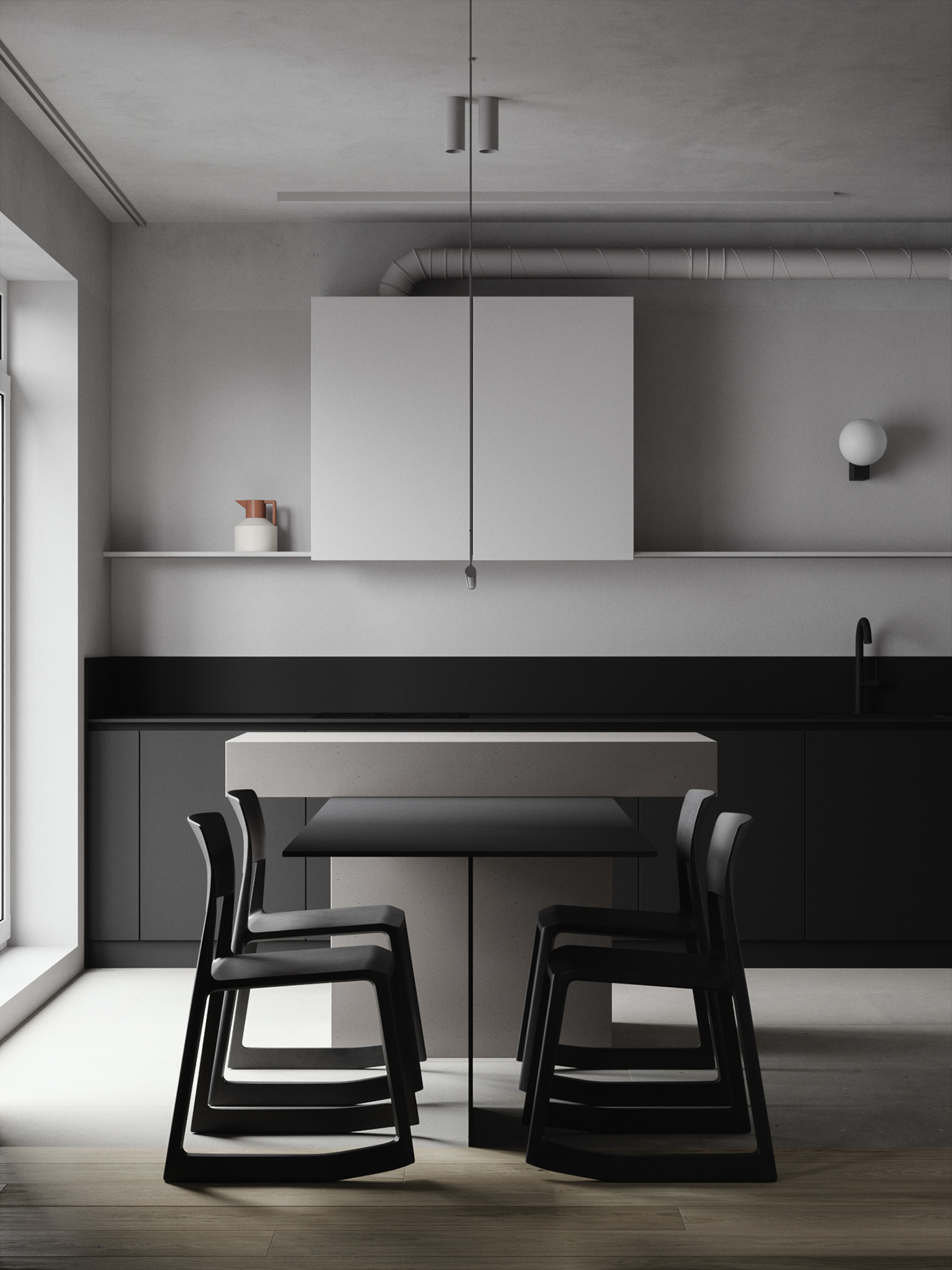 厨房与餐厅相连，摒弃华而不实的设计，以黑白色为基调，大气和高级。