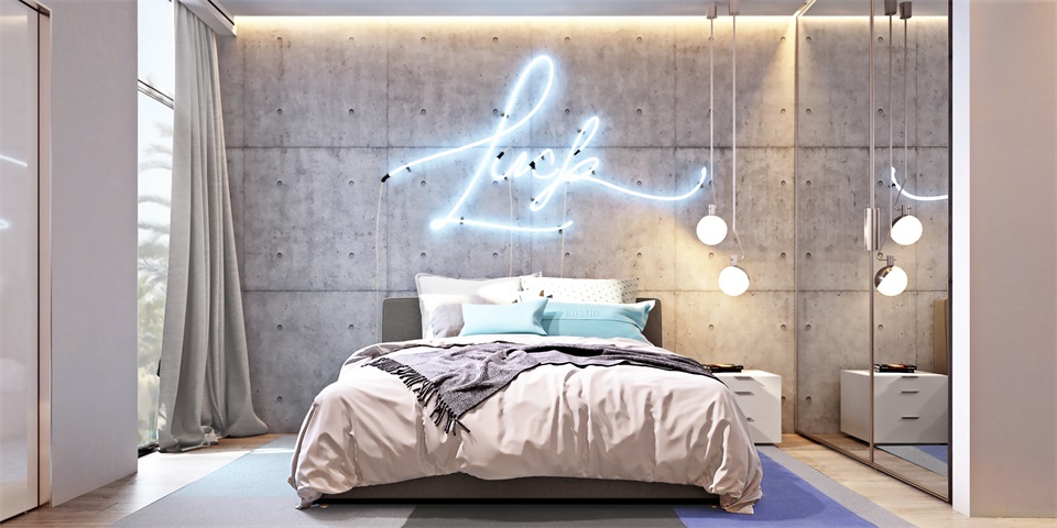 次卧背景墙质感与床品配色统一，保持了空间主色调的一致性，灯带带来不拘泥的美感。