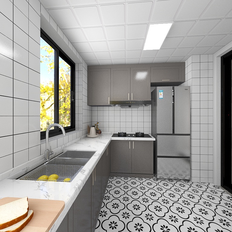 厨房设计舒适精致，独特的照明使空间倍感明亮，地面花砖提升了时尚感。