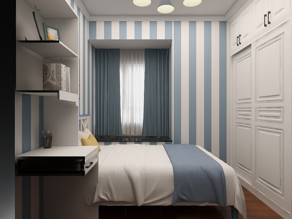 男孩房以蓝白色为主，条状壁纸拉升空间视觉，面墙衣柜收纳功能强大。