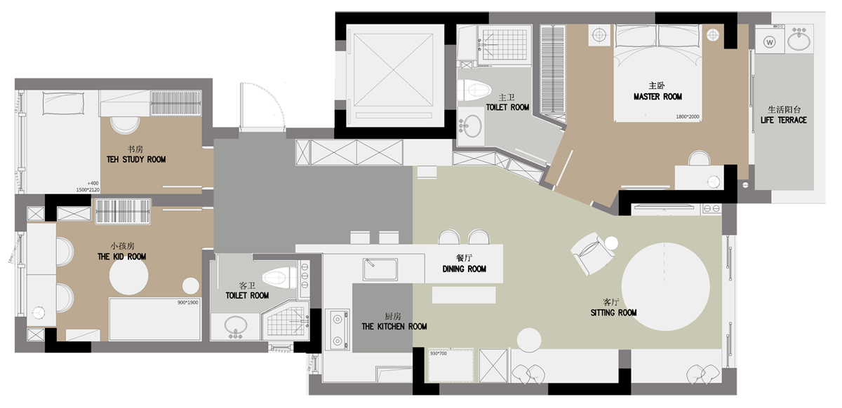 客厅与餐厅、厨房相连，延伸了空间和视野，三个卧室集中分布，主卧分布在最里面，私密性最高。