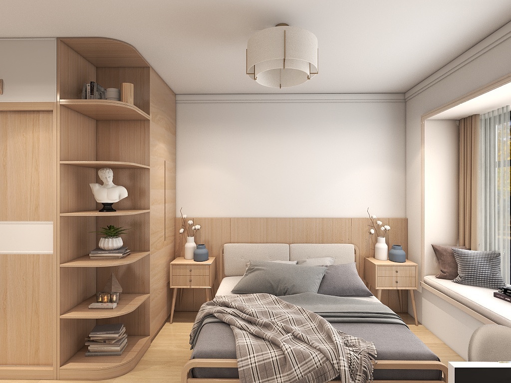 主卧的空间宽敞，整体以白、灰、木色相互融合，木色的衣柜设计温和清新，收纳强大。